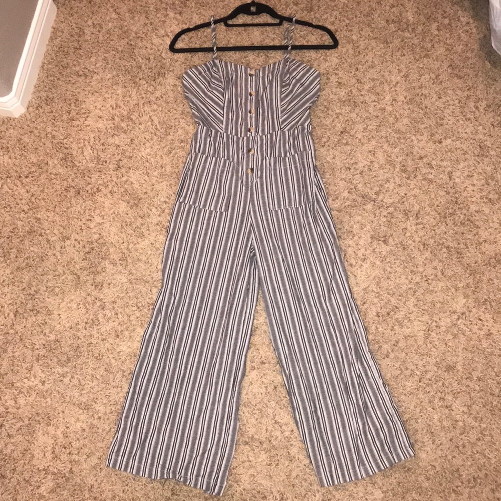 Stripped, Half Button Up, Tank Top Jump Suit